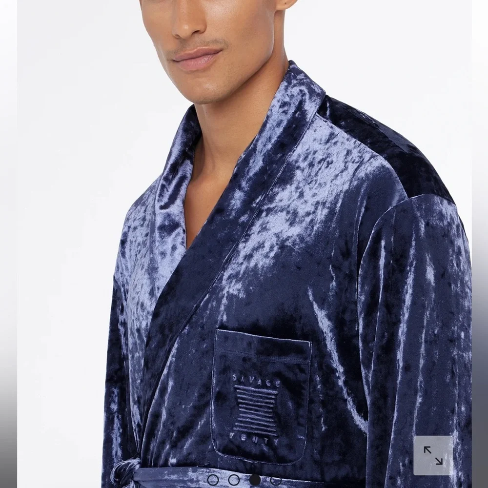 Savage X Fenty Navy Blue Whiskey Room Velvet Smoking Jacket & Boxers Pajamas Set - Picture 3 of 13